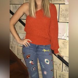 Off the shoulder orange sweater